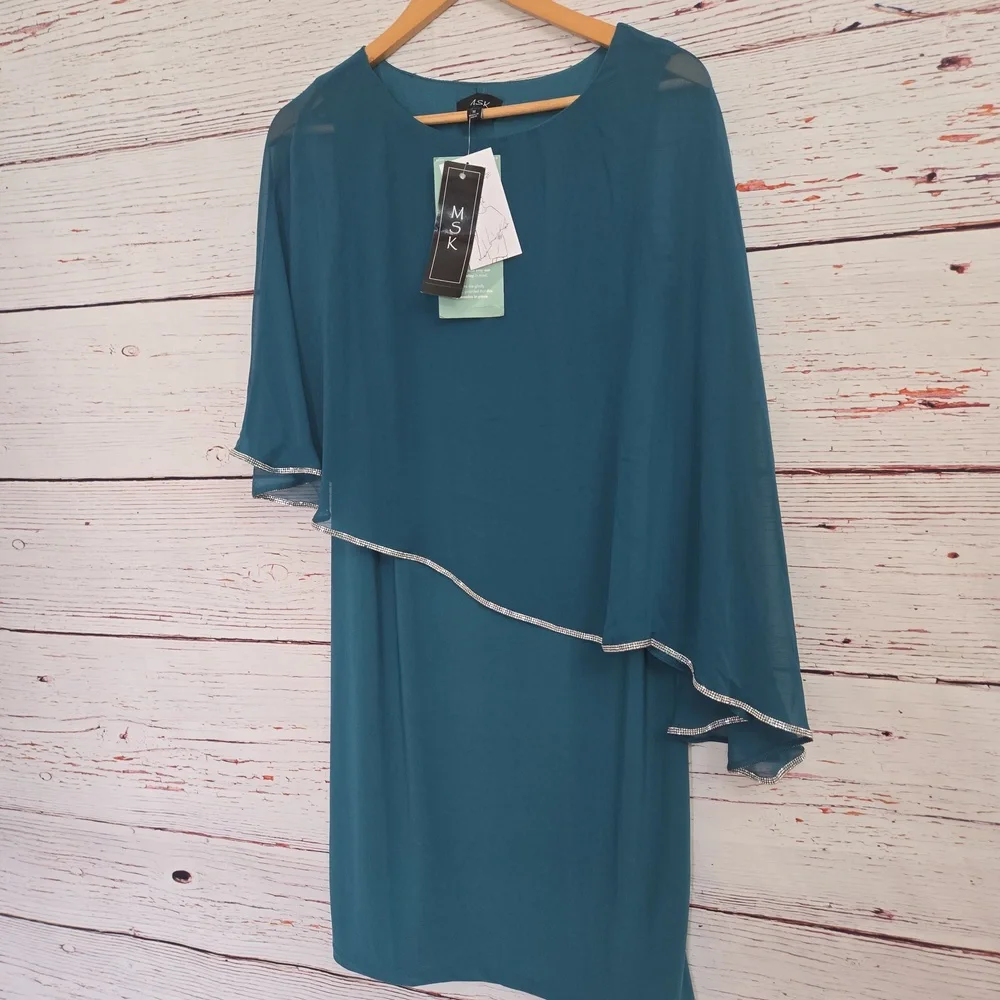 NWT MSK Teal Embellished Cape Overlay Dress Size M - Picture 10 of 14